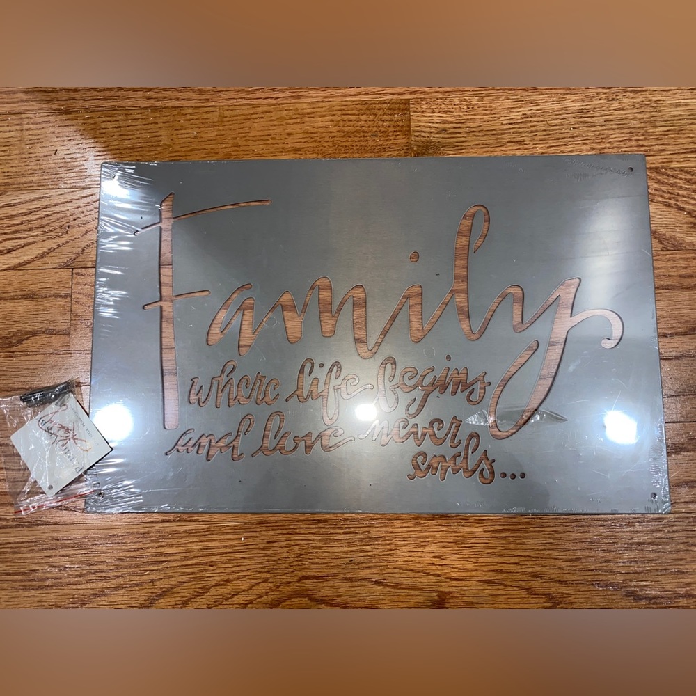Metal “Family where life begins and love never ends” Sign Wall Decor 15”x9 1/2”